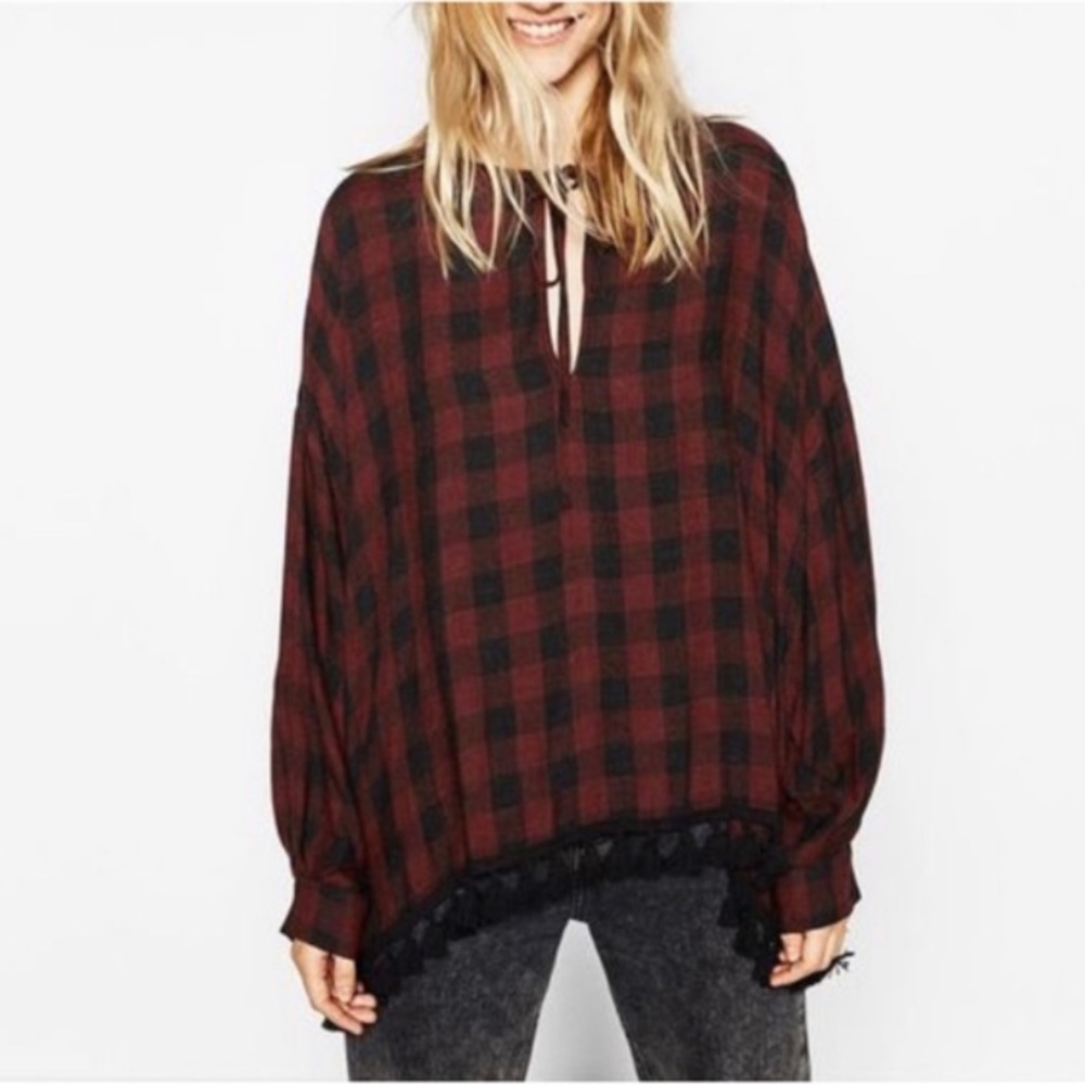 Zara Checkered Buffalo Plaid Tassel Trim Top